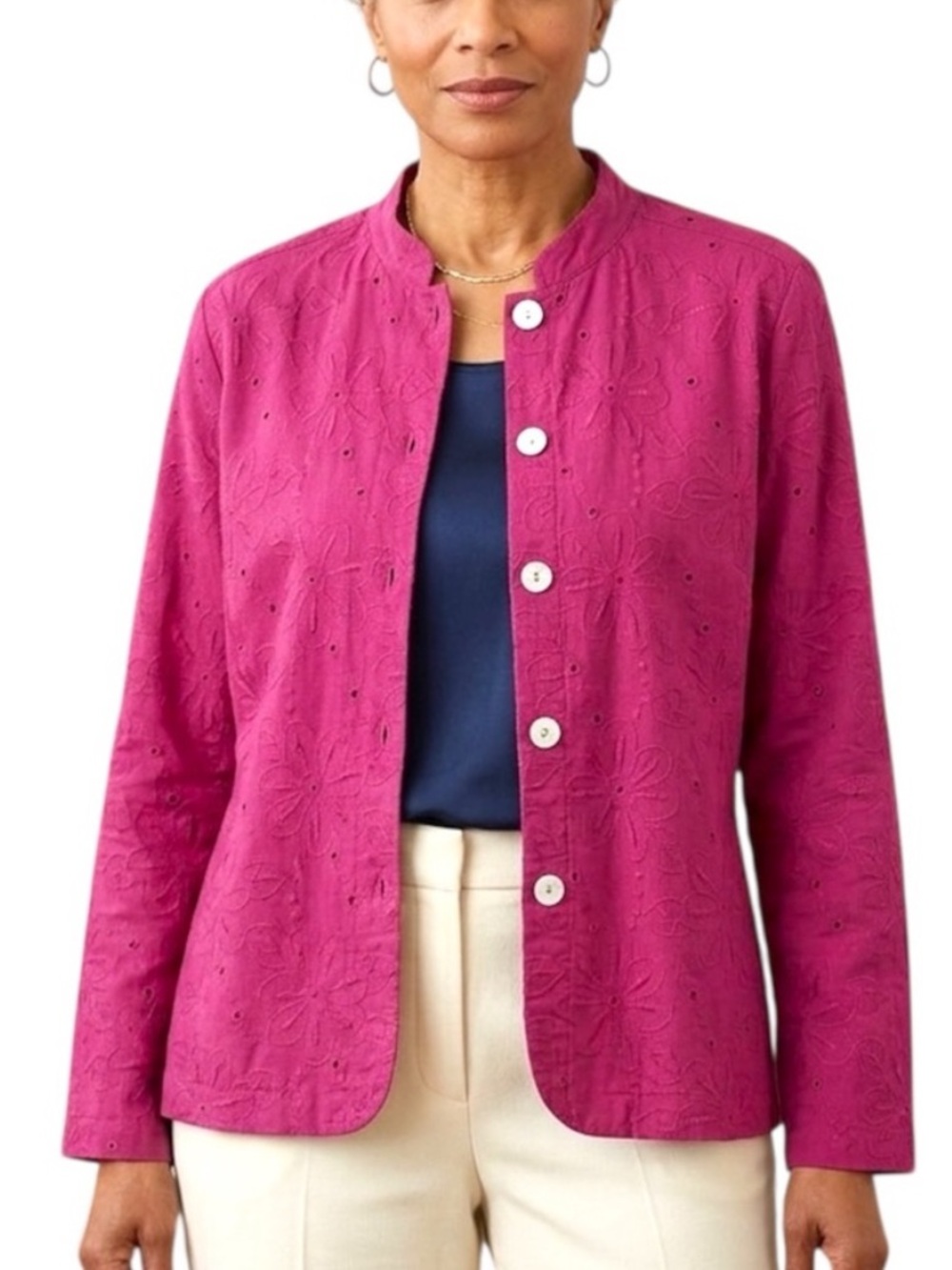 Chico’s Linen Blend Pink Eyelet Embroidered Button Front Jacket Top Size Large